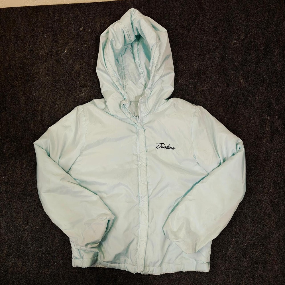 Justice Girls Light Blue Hooded Puffer Jacket Fleece Lined Size S 7/8 Ocean